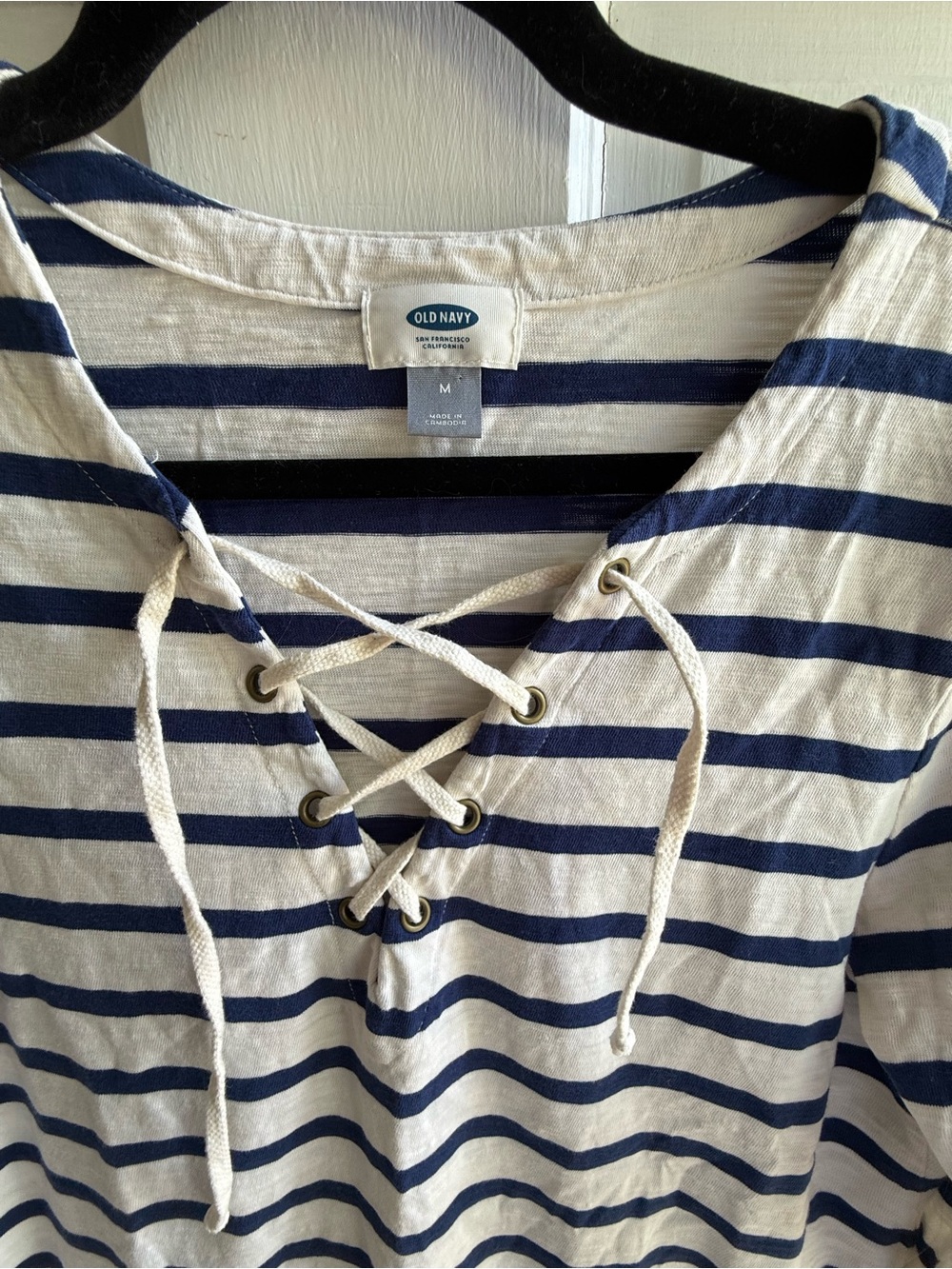 Old Navy Navy and Cream Striped Lace-Up Pullover